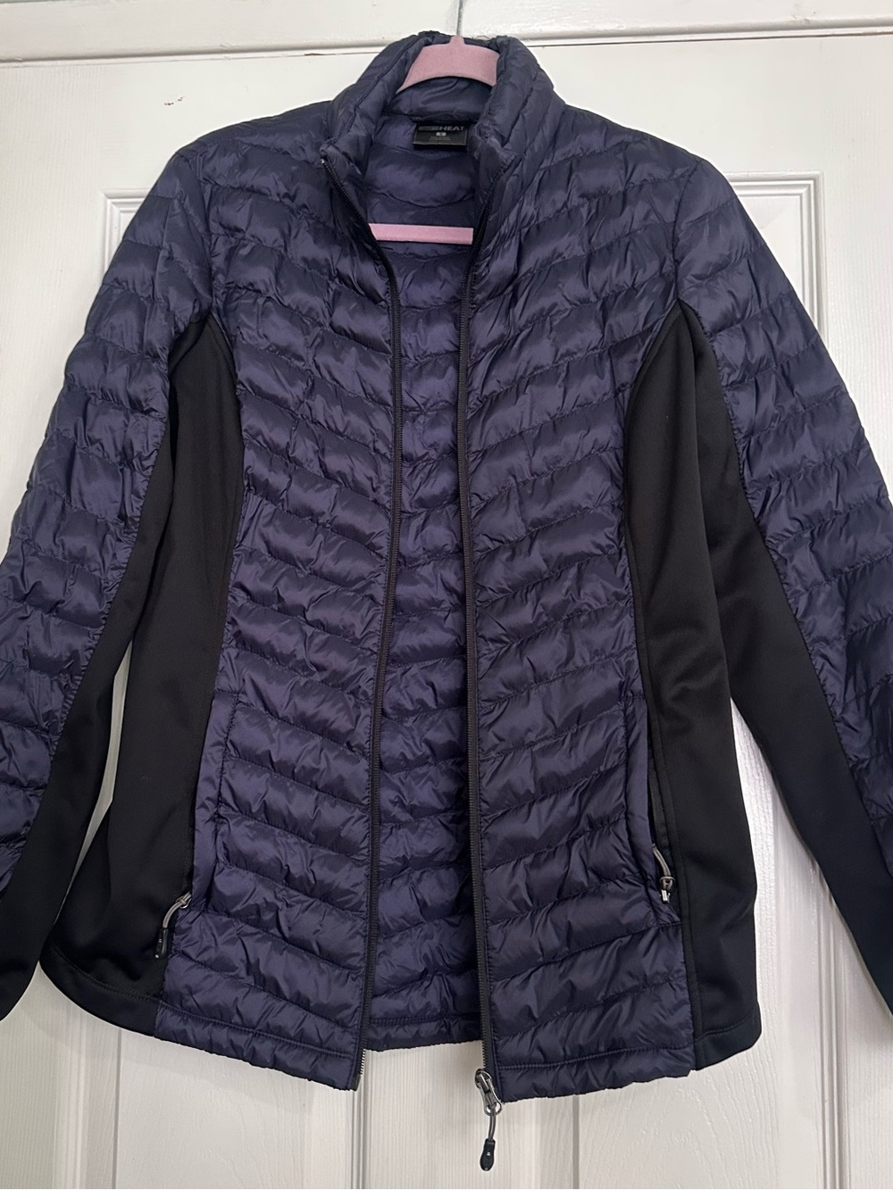 32 Degrees Navy Quilted Puffer Jacket with Black Side Panels - Women
